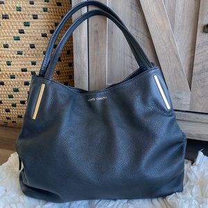 Vince Camuto Black Pebbled Leather Shoulder Tote with Gold Accents